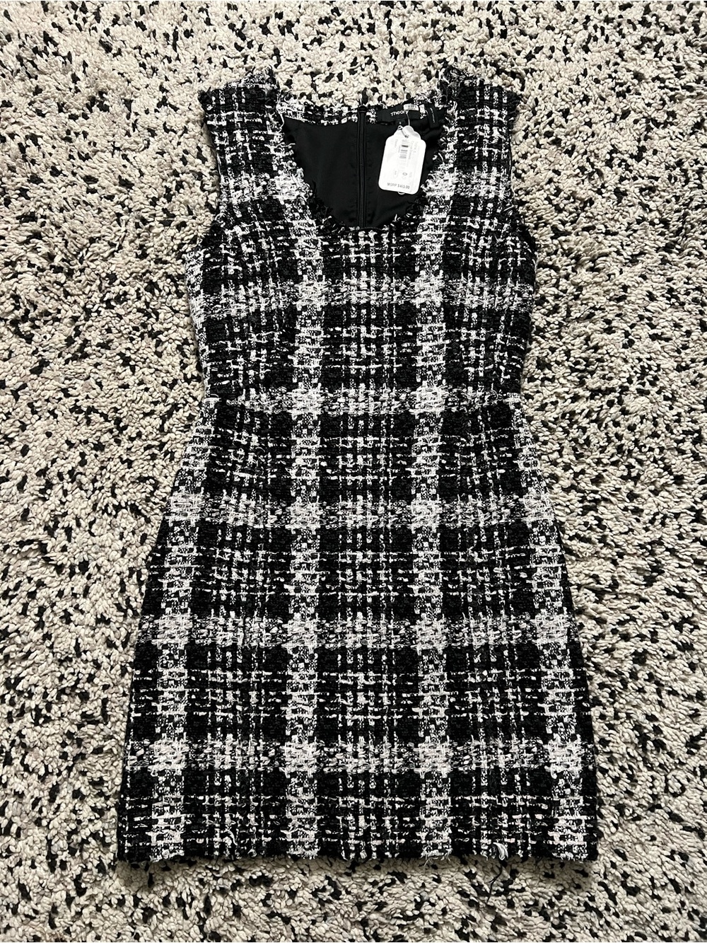 Theory Sculpt Black White Rubber Tweed Plaid Sleeveless Scoop Neck Mini Dress 0